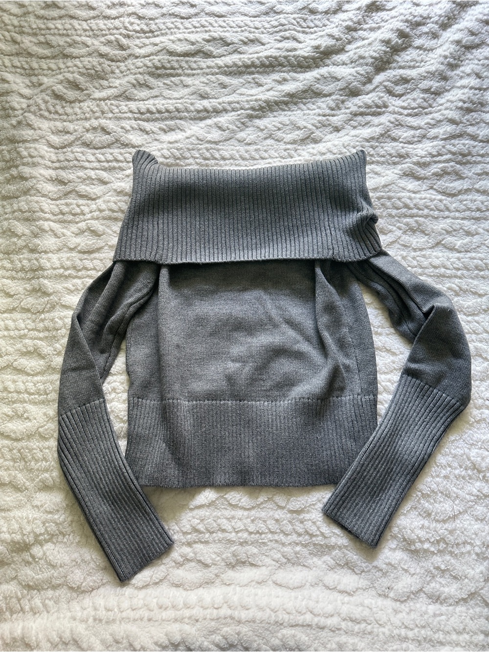 Off-Shoulder Ribbed Hem Gray Women's Sweater